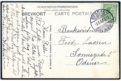 5 øre Chr. X på brevkort annulleret med bureaustempel Nyborg - Svendborg T.27 d. 5.8.1917 til Odense.