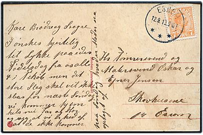 7 øre Chr. X på lokalt brevkort annulleret med brotype IIIb Esrom d. 12.9.1919.