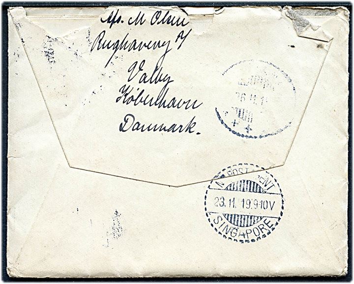 7 øre og 10 øre (par) Chr. X på brev fra Kjøbenhavn Valby d. 17.10.1919 via N.I.Postagent Singapore d. 23.11.1919 til dansk militærapoteker Th. Møller i Pontianak, Borneo, Hollandsk Ostindien.