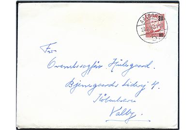 30/20 øre Provisorium med kort bjælke på brev annulleret med brotype Vc Aalborg 5. d. 29.2.1956 (skuddag) til København.