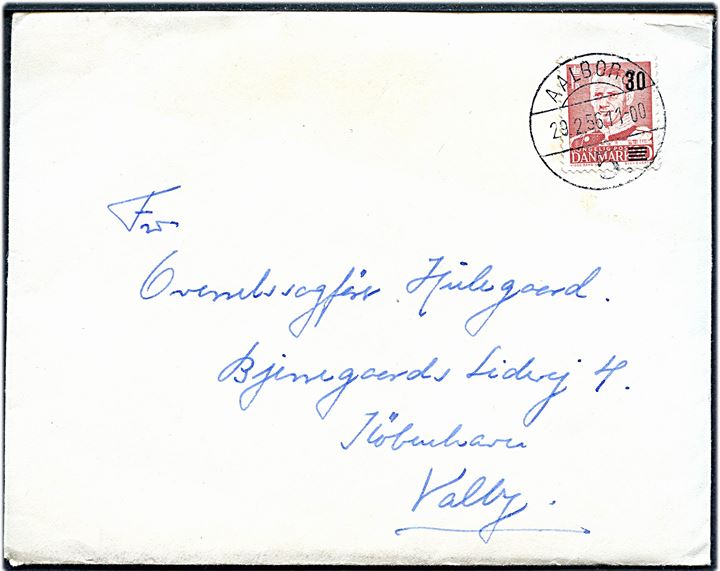 30/20 øre Provisorium med kort bjælke på brev annulleret med brotype Vc Aalborg 5. d. 29.2.1956 (skuddag) til København.