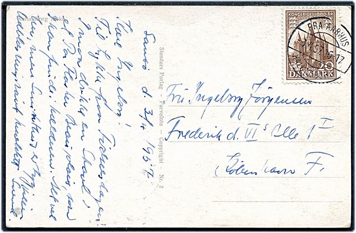 20 øre 1000 års udg. på brevkort dateret på Samsø annulleret med brotype IIc skibsstempel Fra Aarhus / Kalundborg d. 3.4.1957 til København.