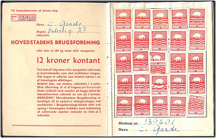 HB (Hovedstatens Brugsforening) 12 kr. rabathæfte med 30 røde rabatmærker.