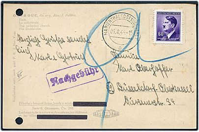 Böhmen-Mähren 60 h. Hitler markeret ugyldig på brevkort sendt fra Marienthal (Ostsudetenl.) d. 8.8.1944 til Düsseldorf. Udtakseret i 9 pfg. porto. To arkivhuller.