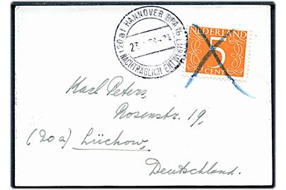 5 c. Ciffer på tryksag annulleret med kryds og sidestemplet i Tyskland med (20a) Hannover BPA 16 Nachträglich Entwertet d. 23.?.1956 til Lückow, Tyskland.