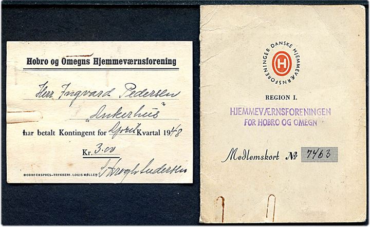 Hjemmeværnsforeningen for Hobro og Omegn. Medlemskort med foto og kontingentkvittering for 1948.
