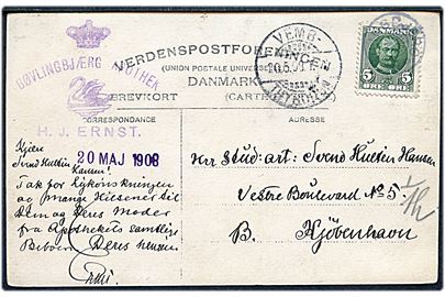 5 øre Fr. VIII på brevkort (fotokort med strandparti) annulleret med stjernestempel BØVLINGBJERG og sidestemplet bureau Vemb - Thyborøn T.? d. 20.5.1908 til København.