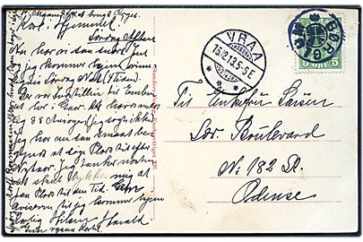 5 øre Chr. X på brevkort (Hirtshals fyr) annulleret med stjernestempel BØRGLUM og sidestemplet Vraa d. 15.12.1913 til Odense.