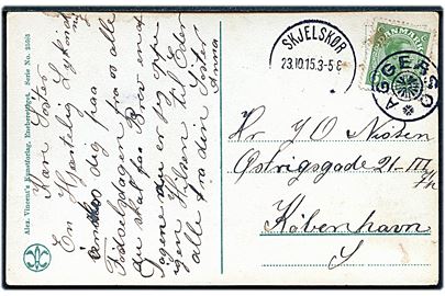 5 øre Chr. X på brevkort annulleret med stjernestempel AGERSØ og sidestemplet Skjelskjør d. 23.10.1915 til København. Godt stempel - Skilling: 1000,-