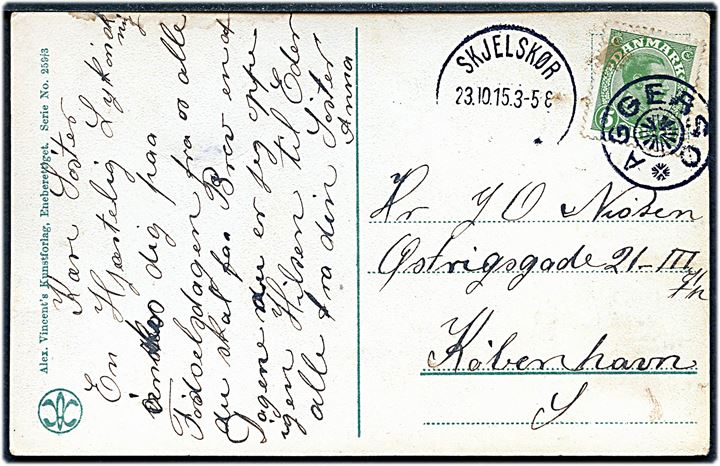 5 øre Chr. X på brevkort annulleret med stjernestempel AGERSØ og sidestemplet Skjelskjør d. 23.10.1915 til København. Godt stempel - Skilling: 1000,-