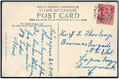 3 c. Edward VII med perfin BMC (= Behn Meyer & Co.) på brevkort fra Singapore d. 22.7.1909 til København, Danmark.
