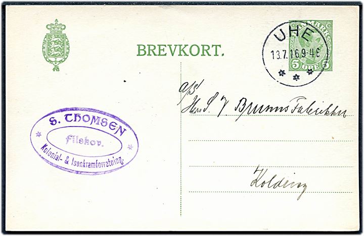 5 øre Chr. X helsagsbrevkort fra Filskov annulleret med smukt brotype IIIb Uhe d. 18.7.1916 til Kolding. Stempel kun benyttet 1914-1917 hvor brevsamlingsstedet blev nedlagt.