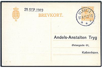 7 øre Chr. X helsagsbrevkort (fabr. 47-C) annulleret med brotype IIIb Ulbølle d. 27.9.1919 til København.