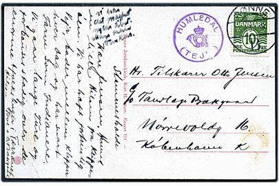10 øre Bølgelinie på brevkort (Røverborgen, Gudhjem) annulleret Rønne B. d. 13.8.1930 og sidestemplet med posthornstempel HUMLEDAL (TEJN) til København.