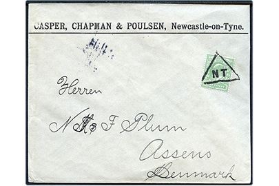 ½d Edward VII på tryksag fra Newcastle-on-Tyne annulleret med trekantet tryksagsstempel NT til Assens, Danmark. Ank.stemplet d. 12.2.1909.
