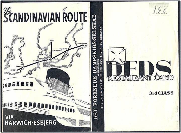 DFDS Restaurant Card 3rd Class for overfarten mellem Harwich og Esbjerg. 