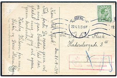 5 øre Chr. X på lokalt brevkort i Kjøbenhavn d. 22.4.1919 med rammestempel Afsenderen bedes underrettet om Deres rette Postadresse.