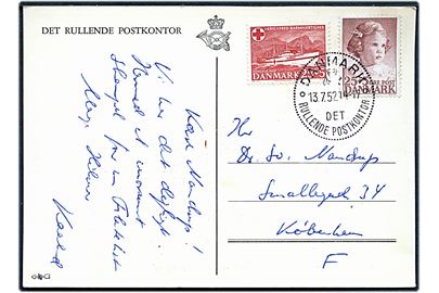 25+5 øre Børneforsorg og 25+5 øre Jutlandia på brevkort annulleret med særstempel Danmark * Det rullende Postkontor * d. 13.7.1952 til København. Det rullende postkontor var opstillet i Skagen i dagene 13.-14.7.1952 i forbindelse med folkefest.