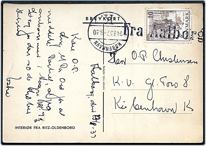 10 øre Regentjubilæum på brevkort fra Aalborg annulleret med skibsstempel Fra Aalborg og sidestemplet København d. 14.8.1937 til København.