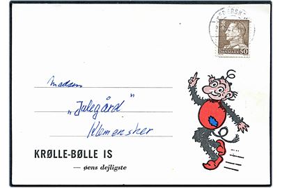 50 øre Fr. IX på illustreret brevkort Krølle-Bølle Is fra Pedersker d. 21.7.1967til Klemensker. 