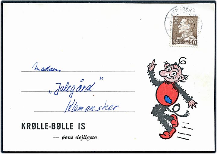 50 øre Fr. IX på illustreret brevkort Krølle-Bølle Is fra Pedersker d. 21.7.1967til Klemensker. 