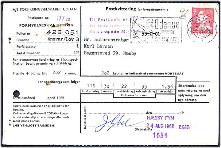 30 øre Fr. IX på indbetalingskort fra Odense d. 10.7.1962 til Næsby. Trodat stempel med sorteringskode 1634 fra Næsby Fyn d. 24.8.1962. 2 arkivhuller.