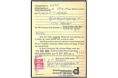 Berigtigelseskort formular S-6172 (5-72 A6) fra Postgirokontoret vedr. ubekendt udbetalingskort påsat 70 øre Bølgelinie annulleret med liniestempel d. 10.9.1973.
