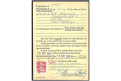 Berigtigelseskort formular S-6172 (5-72 A6) fra Postgirokontoret vedr. ubekendt udbetalingskort påsat 70 øre Bølgelinie annulleret med liniestempel d. 17.9.1973.