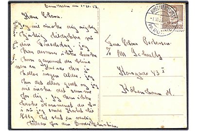 20 øre Fr. IX på brevkort annulleret med pr.-stempel Almegaardslejren pr. Rønne d. 1.10.1952 til København.