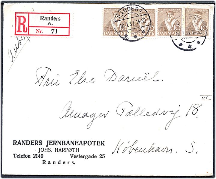 10 øre Tavsen (4) på anbefalet brev fra Randers d. 18.1.1937 til København.
