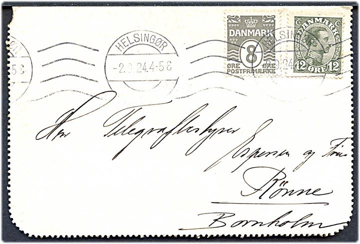 8 øre Bølgelinie og 12 øre Chr. X på korrespondancekort fra Helsingør d. 2.9.1924 til Rønne.