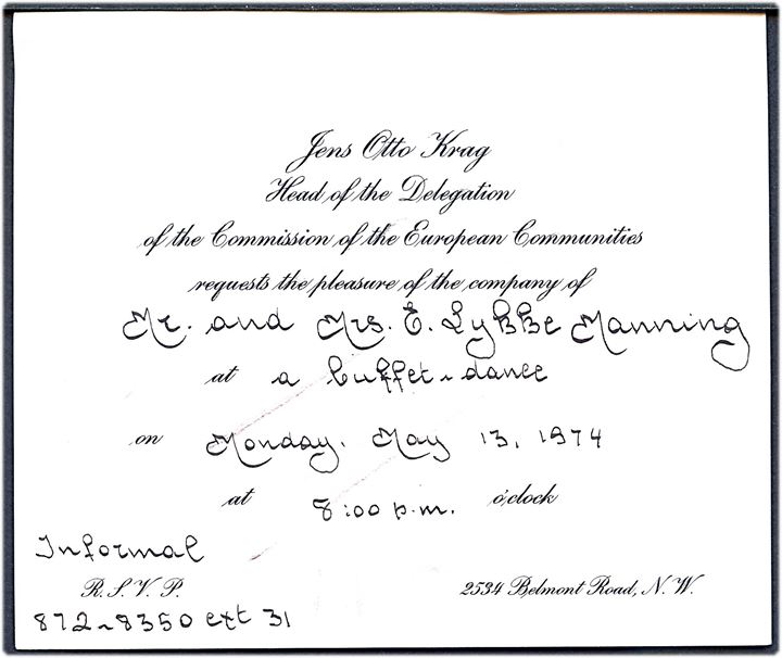 Invitation fra Jens Otto Krag, leder af EU kommission i New York, til middag d. 13.5.1974.