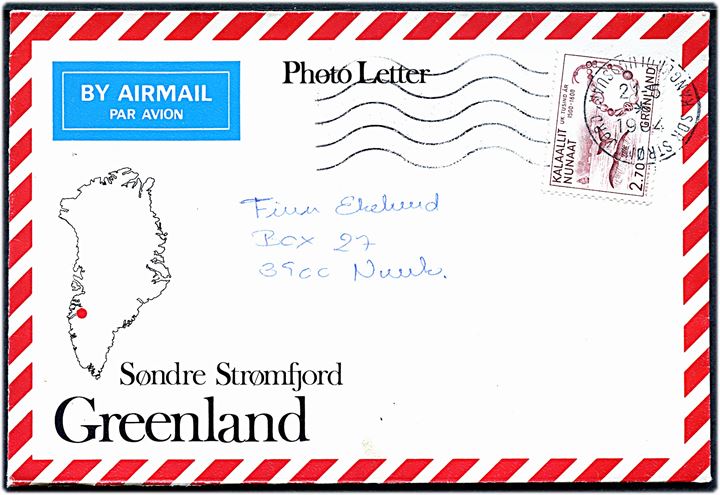2,70 kr. 1000 års udg. på illustreret Photo-Letter fra Søndre Strømfjord annulleret med neutral maskinstempel i Sdr. Strømfjord d. 21.5.1984 (Omvendt indstillet dato) til Nuuk.