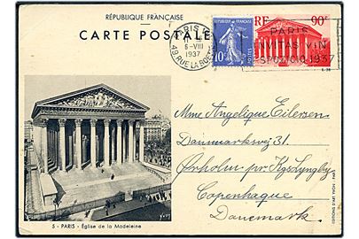 90 c. illustreret helsagsbrevkort opfrankeret med 10 c. fra Paris d. 6.8.1937 til Lyngby, Danmark. 