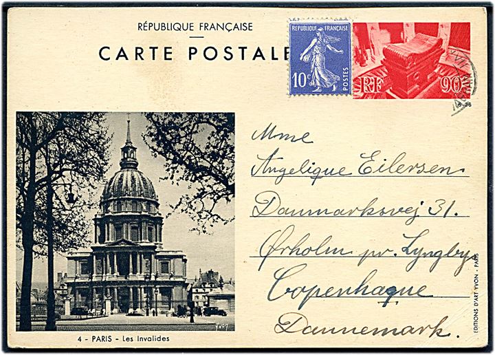 90 c. illustreret helsagsbrevkort opfrankeret med 10 c. fra Paris d. 3.8.1937 til Lyngby, Danmark. 