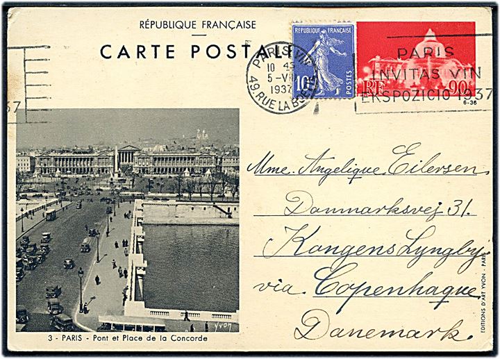 90 c. illustreret helsagsbrevkort opfrankeret med 10 c. fra Paris d. 5.8.1937 til Lyngby, Danmark. 