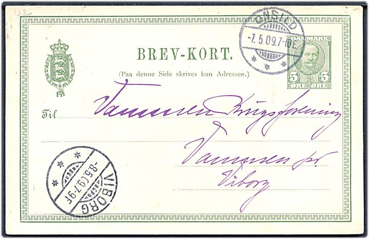 5 øre Fr. VIII helsagsbrevkort med fortryk advis fra De Danske Statsbaner annulleret med brotype Ia Onsild d. 7.5.1909 til Vammen pr. Viborg.