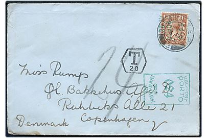 1½d George V på underfrankeret brev fra London d. 3.2.1934 til København, Danmark. Udtakseret i porto med 24 øre grønt portomaskinstempel.