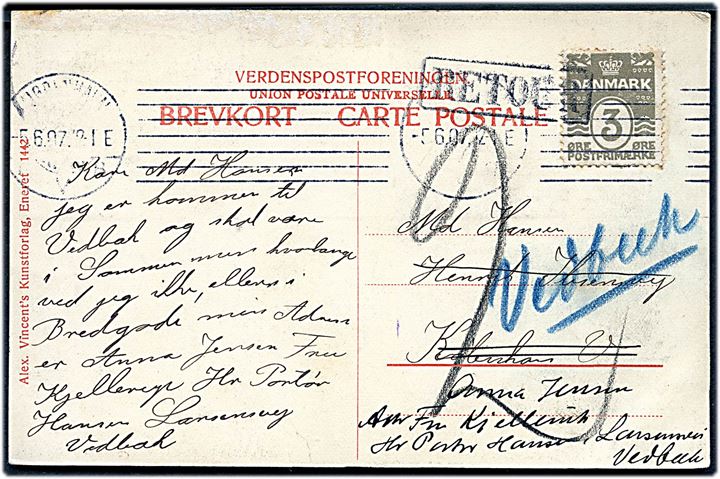 3 øre Bølgelinie på lokalt brevkort i Kjøbenhavn d. 5.6.1907. Retur som ubekendt til Vedbæk og udtakseret i 2 øre enkeltporto til landsporto. Usædvanlig at se portoopkrævning i forbindelse med returnering.