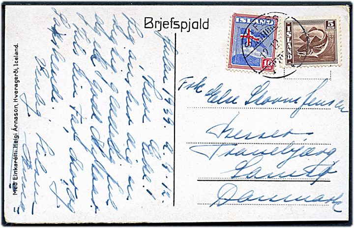 5 aur Torsk og 10 aur Flag på brevkort fra Selfoss d. 12.12.1939 til Tranebjerg på Samsø, Danmark.