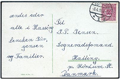 15 pfg. Fælles udg. på brevkort fra Flensburg d. 3.4.1920 til Hassing pr. Hørdum St., Danmark.