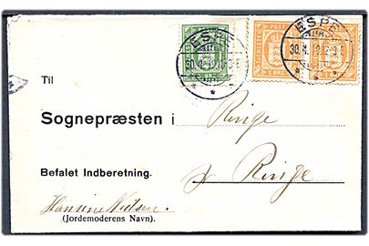 1 øre (par) og 5 øre Tjenestemærke på korrespondancekort mærket Befalet Indberetning annulleret brotype Ia Espe d. 30.4.1919 til Ringe. 