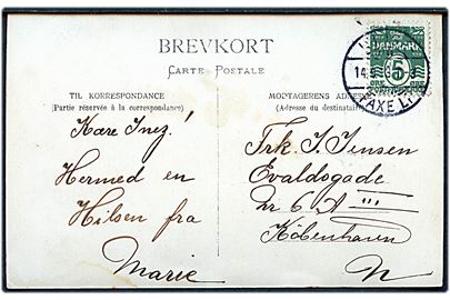 5 øre Bølgelinie på brevkort annulleret med bureaustempel Kjøge Faxe Pl. T.3 d. 14.9.1913 til København.