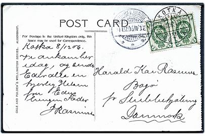 Russisk 2 kop. Våben i parstykke anvendt på brevkort i Finland og annulleret med 2-sproget stempel Kotka d. 8.12.1906 via Stubbekjøbing til Bogø, Danmark.