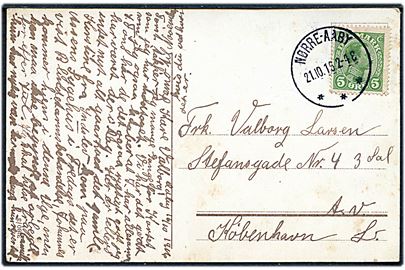 5 øre Chr. X på brevkort annulleret med brotype IIIb Nørre-Aaby d. 21.10.1916 til København.