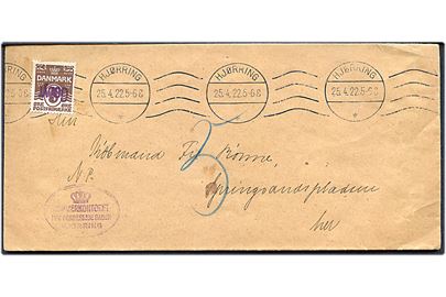 Ufrankeret lokalbrev mærket N.P. (Nedsat Porto) i Hjørring d. 25.4.1922. Udtakseret i porto med 5 øre Bølgelinie annulleret med liniestempel Gebyr. 