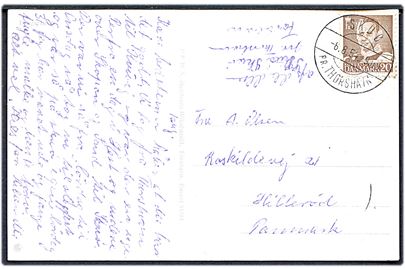 20 øre Fr. IX på brevkort (Dragarsund) annulleret med pr.-stempel SKUØ pr. Thorshavn d. 6.8.1954 til Hillerød.