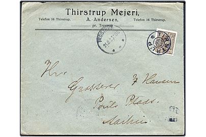 20 øre Chr. X på brev fra Thirstrup Mejeri annulleret med stjernestempel TIRSTRUP og sidestemplet Trustrup d. 21.8.1923 til Aarhus.