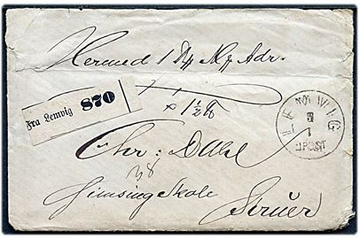 1876 ca. Ufrankeret pakkefølgebrev for pakke på 1½ pund med lapidar Lemvig d. 5.1.(ca. 1876) til Gimsing Skole pr. Struer. Fuldt indhold. Rifter.