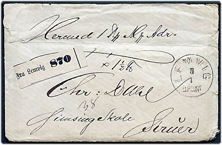 1876 ca. Ufrankeret pakkefølgebrev for pakke på 1½ pund med lapidar Lemvig d. 5.1.(ca. 1876) til Gimsing Skole pr. Struer. Fuldt indhold. Rifter.